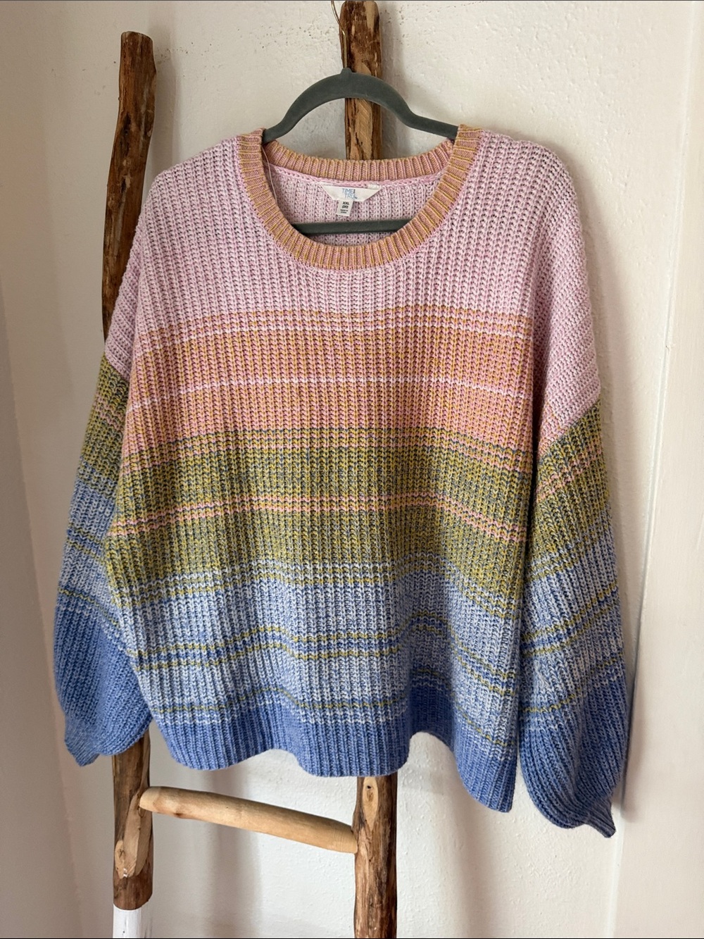 Time & Tru Pastel Striped Relaxed Soft Crewneck Sweater in Pink Green & Blue XXL